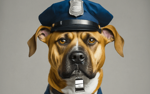 A dog dressed as a police officer holding a whistle