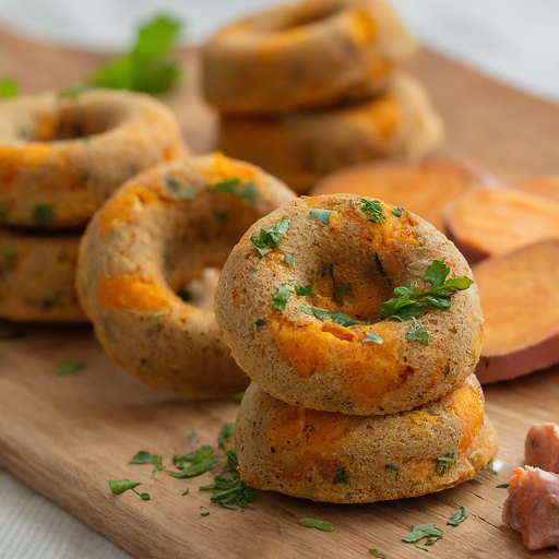 A tray with Salmon and Sweet Potato Donuts