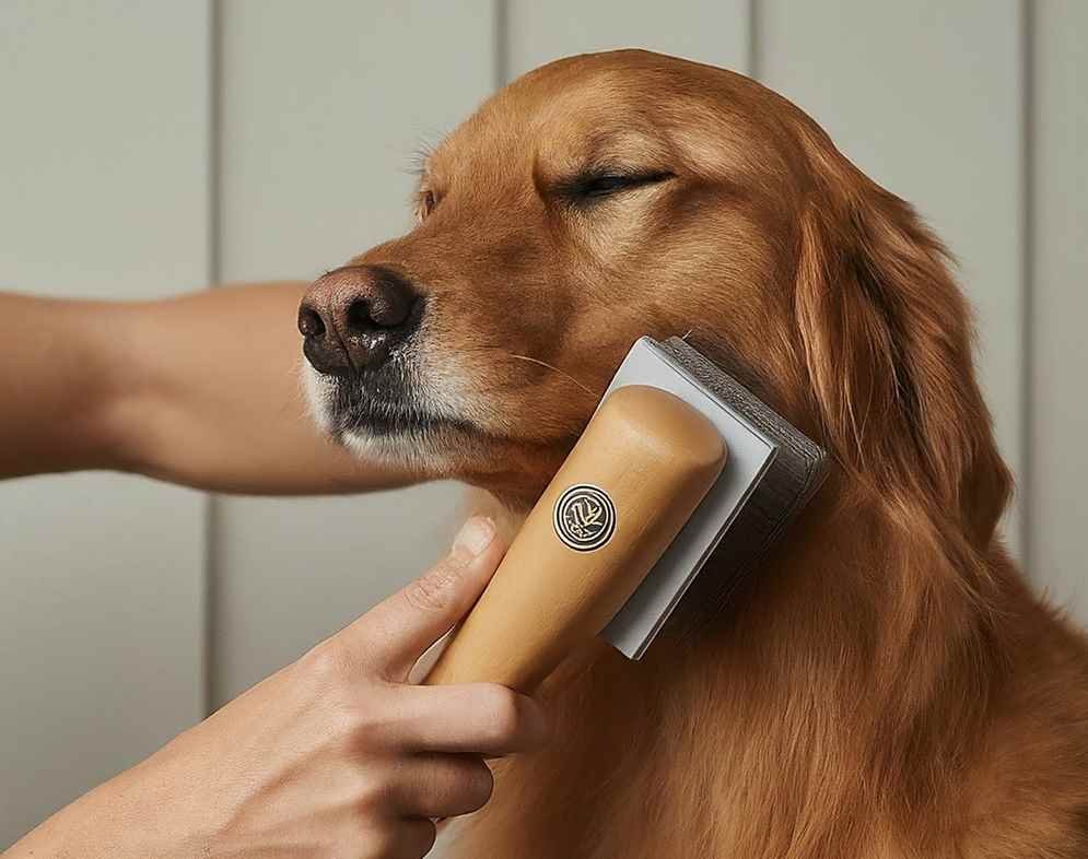 A dog is being groomed by its owner