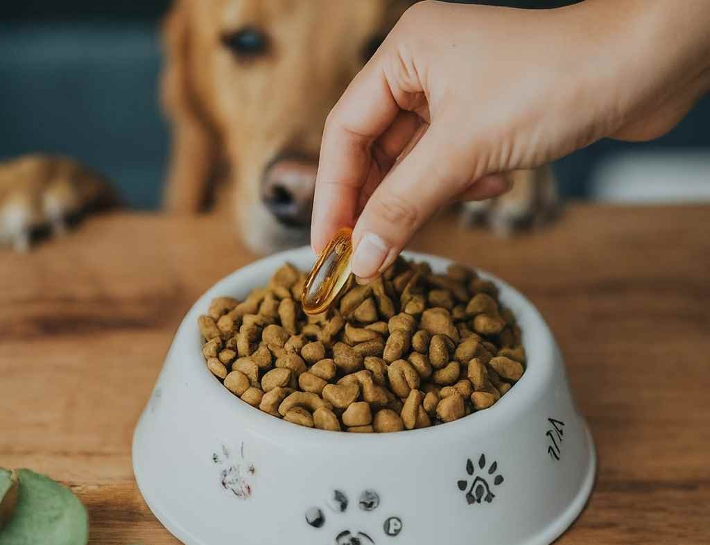 A dog owner drops supplements into a bowl full of kibble while a dog watches